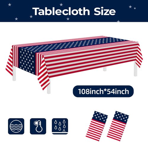 Childom 2 Pack Patriotic Tablecloths,Patriotic Decorations 54" x 108" Disposable American Flag Tablecloths for Event,Party Table Cloth Plastic for Veterans Day,4th of July,Picnic,Dinner,Party Supplies