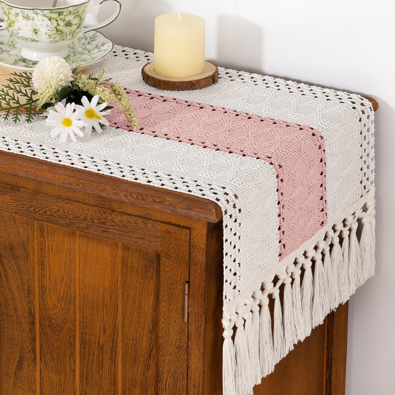 Socomi Boho Table Runner Easter Spring Farmhouse Rustic Dining Kitchen Centerpiece Decor Small Macrame Woven Cotton Linen Coffee Table Runner for Dresser Scarf Home Decor 12x36 inPink Ivory
