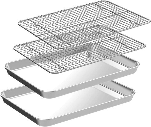 CEKEE Stainless Steel Jelly Roll Pan Set - 2 Baking Pans & 2 Cooling Racks, Nonstick & Rust Proof, 15.94 x 12 x 1 Inch