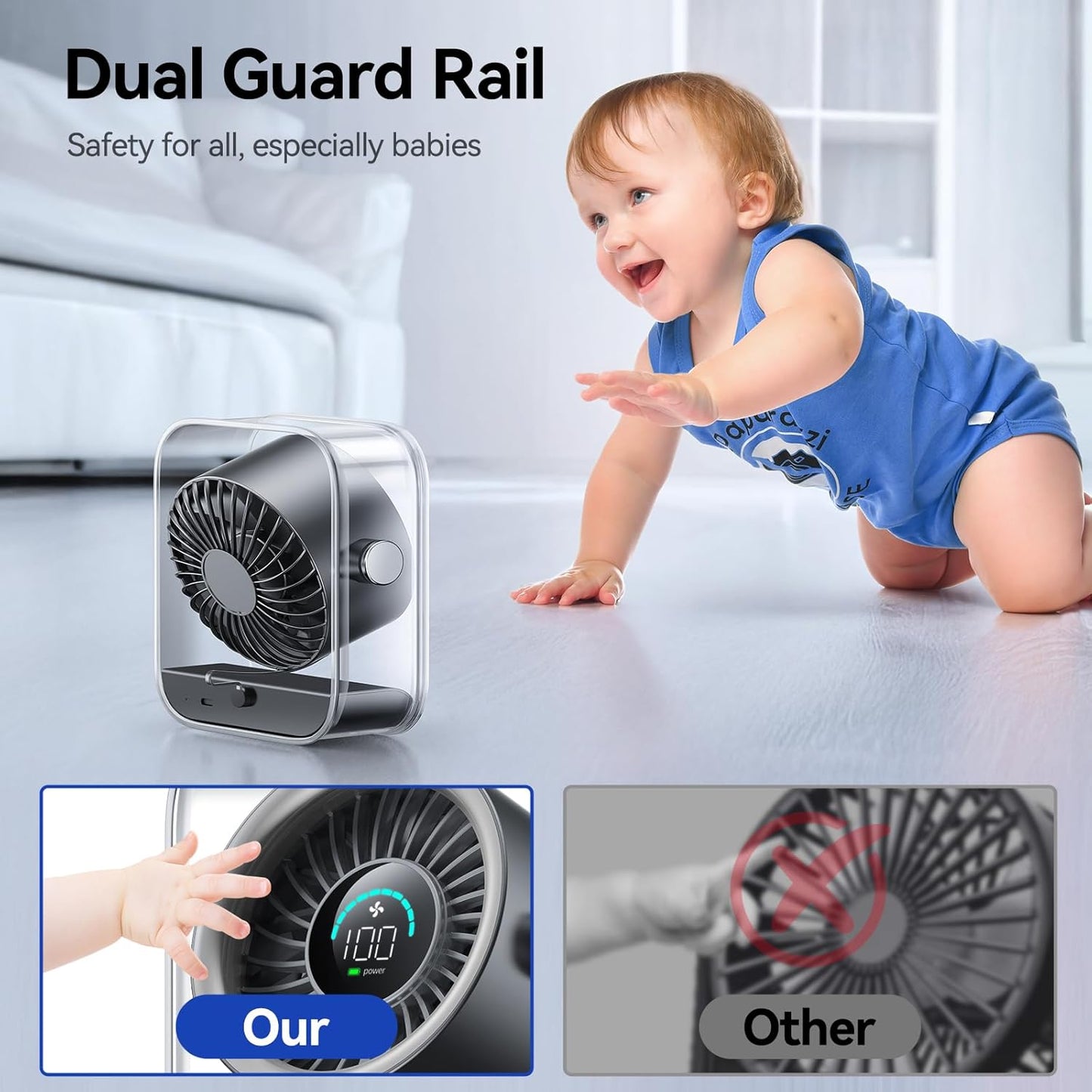 KIMMOO Rechargeable USB Desk Fan - Quiet Turbo Airflow Table Fan with 100 Speeds & 90° Rotation | Black