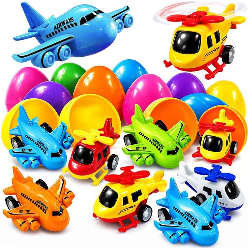 stargo 16 Pack Colorful Prefilled Easter Eggs bulk with toys - mini Aircraft, pull-back Helicopters & Airplanes. Plastic Easter Eggs Filled, Basket Fillers Egg Hunts, Party Favors, Boys Goodie Bags