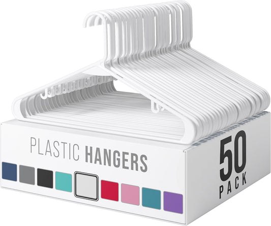 Skiennix Plastic Hangers 50 Pack - Space-Saving Clothes Hangers for Closet Organization | White