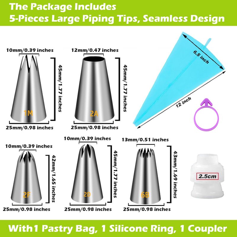 Suuker Large Piping Tips Set, Seamless Stainless Steel Cake Decorating Tips, Pastry Tips and Piping Bags, Frosting Icing Tips for Baking Cupcakes, Cake, Cookie (1M 2D 2F 6B 2A)