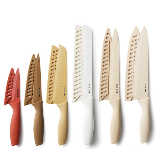 CAROTE Knife Set, 12 Pieces Kitchen Knife Set, 6 Stainless Steel Knives with Blade Guards & Nonstick Ceramic Coating, Rustproof, Color-Coded, Ergonomic Handles