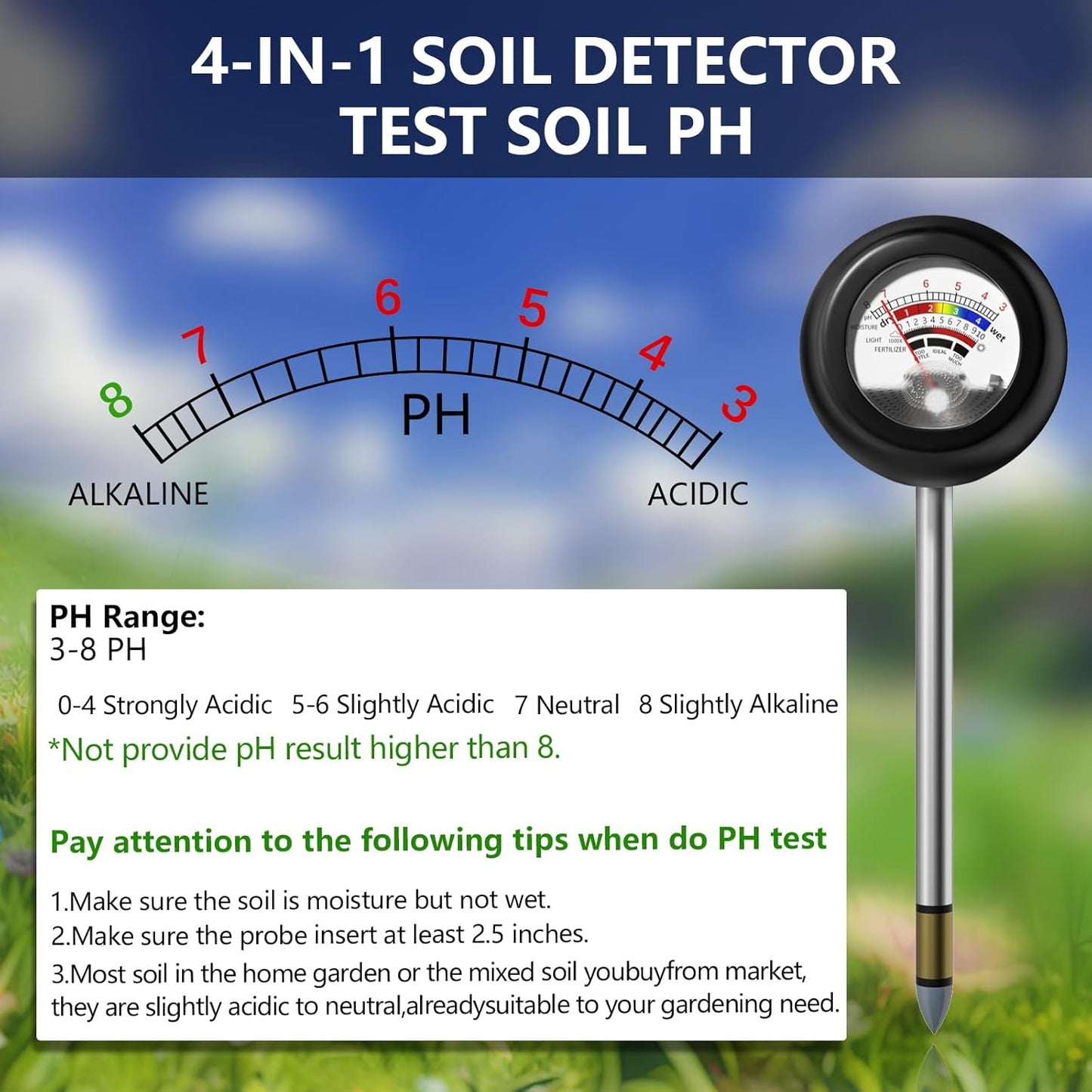 Skiennix 4-in-1 Soil Tester - Battery-Free PH, Moisture, Light & Fertilizer Meter for Garden & Lawn