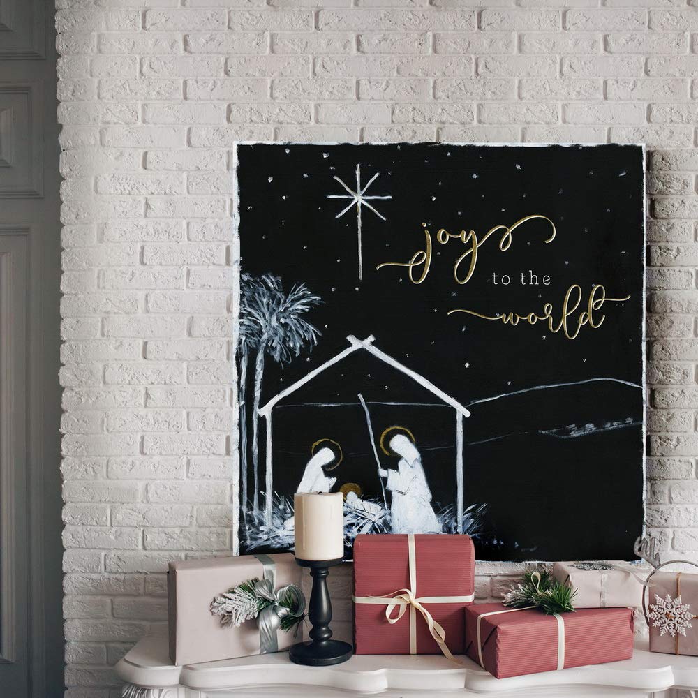 Renditions Gallery Christ in a Manger Wall Art, Religious Christmas, Jesus, Mary, and Joseph, Joy to the World, Premium Gallery Wrapped Canvas Decor, Ready to Hang, 24 in H x 24 in W, Made in America