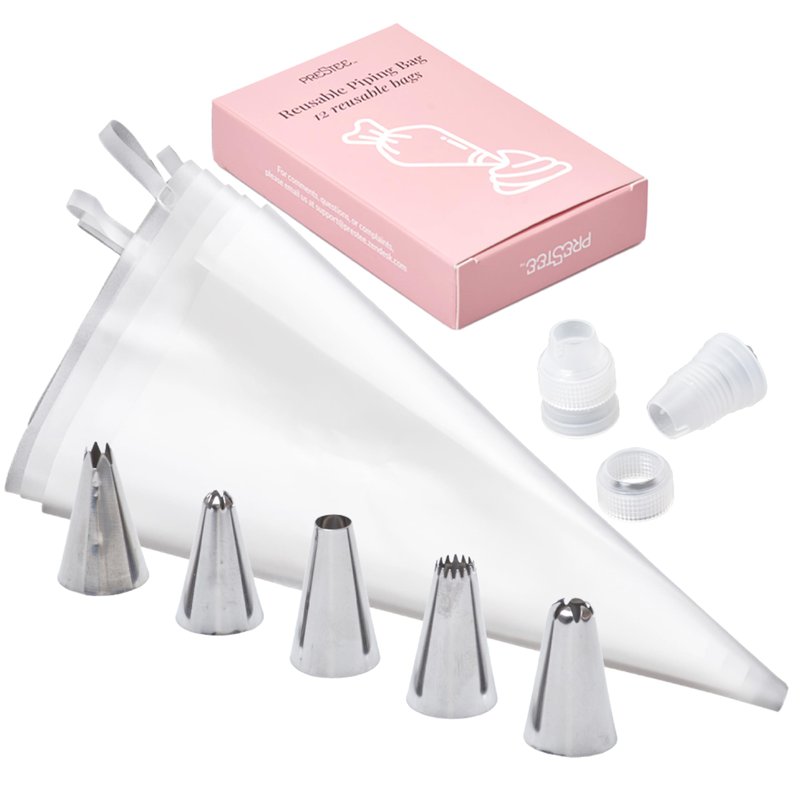 Prestee Reusable Piping Bags and Tips Set - 5 TPU 12-Inch Piping Bags with 5 Metal Icing Tips and 2 Couplers - Flexible and Durable Frosting Piping Kit for Cake Cupcake Cookie Decorating - Transparent