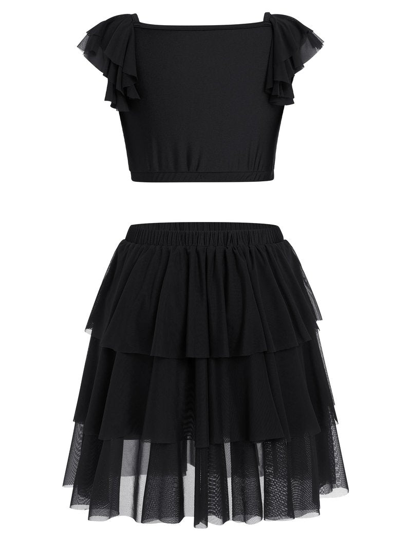Lyrical Dance Dress for Women Ruffle Sleeve Square Neck Sparkly Sequins Crop Top Tiered Chiffon Midi Skirt Teen Girl Contemporary Dance Outfits Ballerina Dance Dress Black S