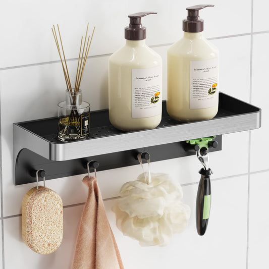 Skiennix Shower Caddy - Adhesive Shower Shelves with Hooks | No Drill, Rustproof Bathroom Organizer - Silver