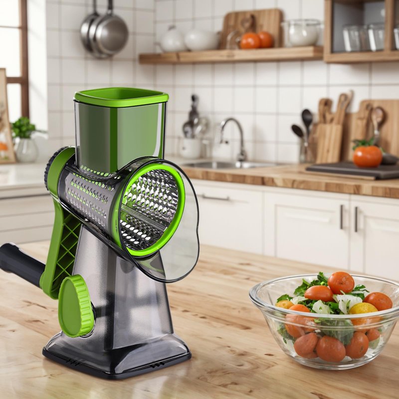 HANSGO Rotary Cheese Grater, 3 Stainless Steel Blades, Labor-Saving Handle, Strong Suction Base, for Cheese, Vegetables, Nuts, Chocolate & Fruits, Ideal for Family Meals, Salads, Pasta & Easy Cleanup