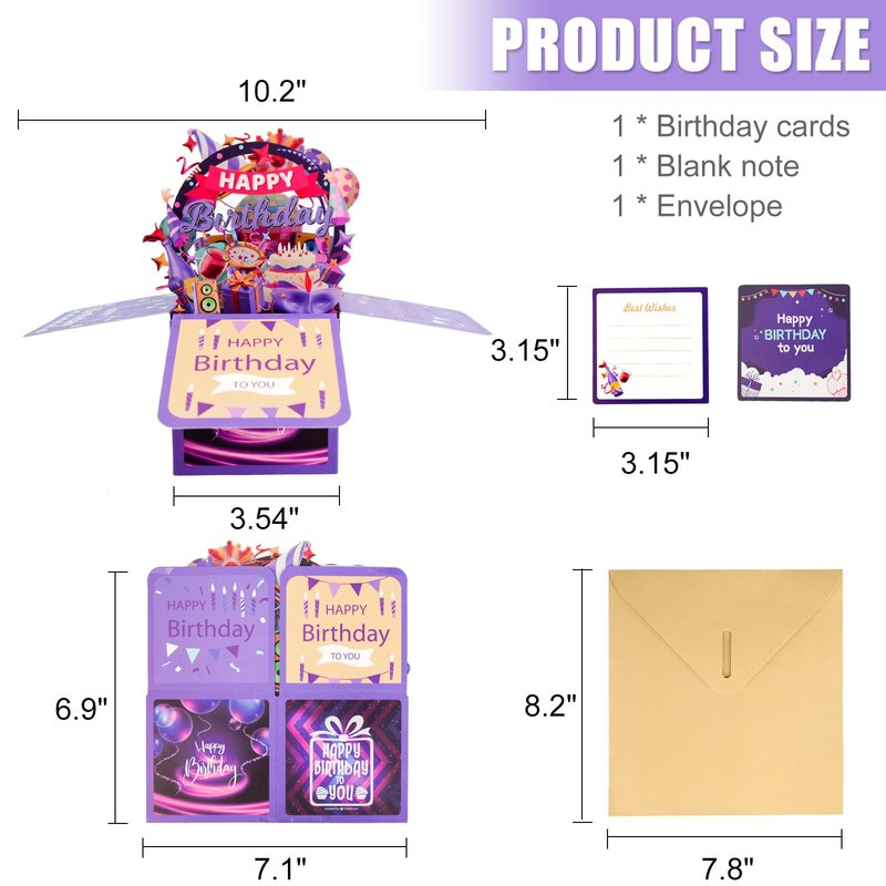 Surprise Pop Up Happy Birthday Cards, Lovely 3D Birthday Card for Adults and Kids with Envelopes, Unique Design Handmade Foldable Greeting Cards for Daughter, Son, Mom, Dad, Friend（Deep Purple）