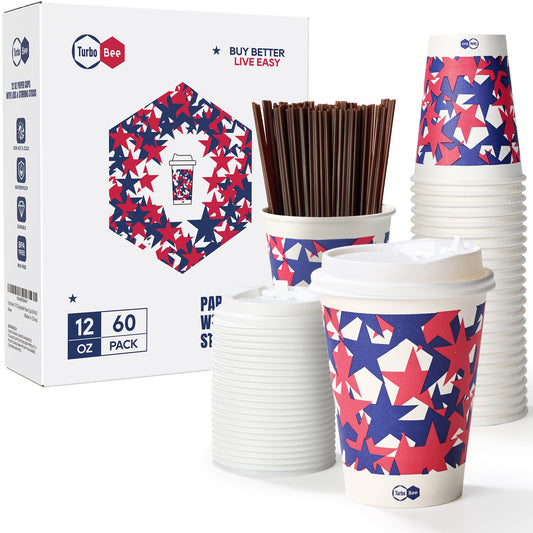 Turbo Bee 12 oz Disposable Coffee Cups with Lids, 60 Pack To Go Paper Cups for Coffee, 12 Ounce Paper Hot Coffee Cups with Lids and Straws for Thanksgiving, Christmas Party and Coffee Shop