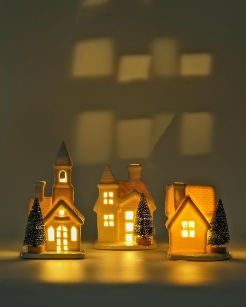 DN DECONATION Christmas Village Houses Set - 3 Ceramic Porcelain Decor with Frosted Trees | White Holiday Figurines