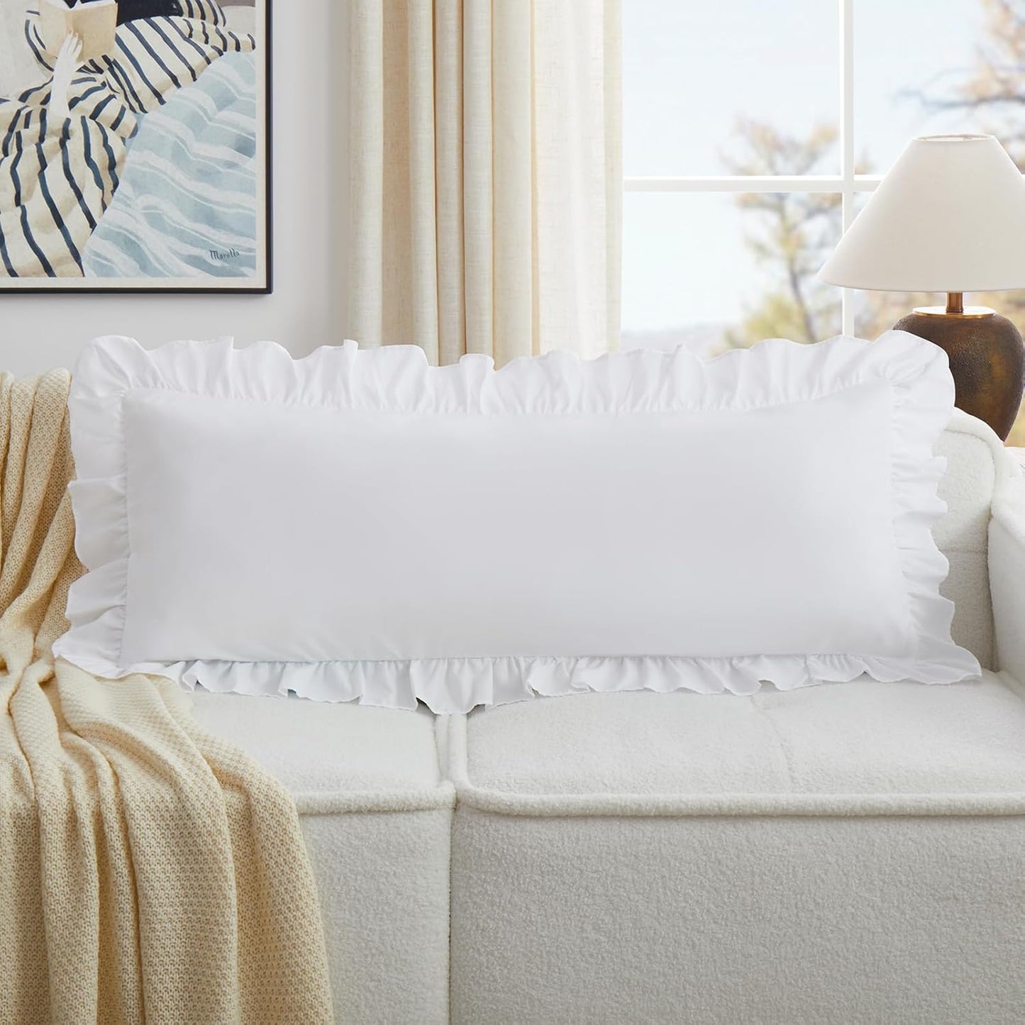 KKJIAF White Lumbar Pillow Cover - Microfiber Ruffled Sham for Couch & Bed | 14x36 Inch