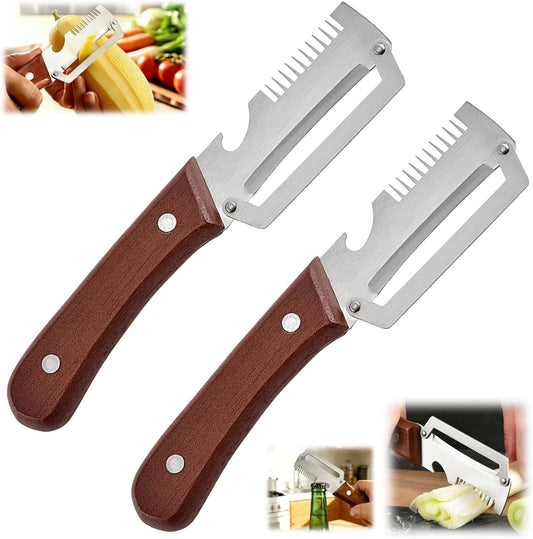 Skiennix Multifunctional Vegetable Peeler - 3-in-1 Kitchen Gadget with Wooden Handle & Grater | 2-Pack
