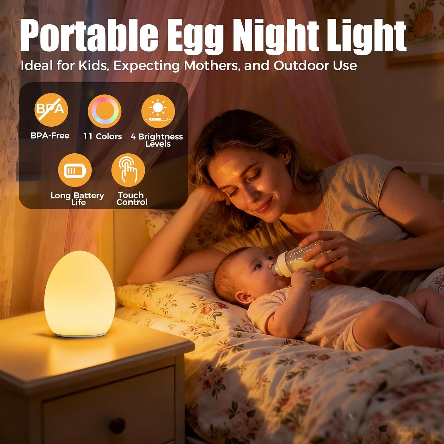 Skiennix Baby Night Light - Portable Silicone Egg Lamp with 11 Color Options | BPA-Free & Eye-Caring Design