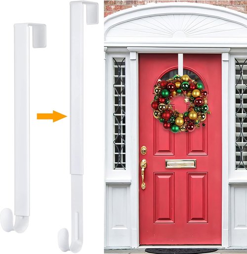 HEYHOUSE Wreath Hanger - Adjustable 14.9-25 Inch Metal Door Hook for 20 lbs Christmas Wreaths | White