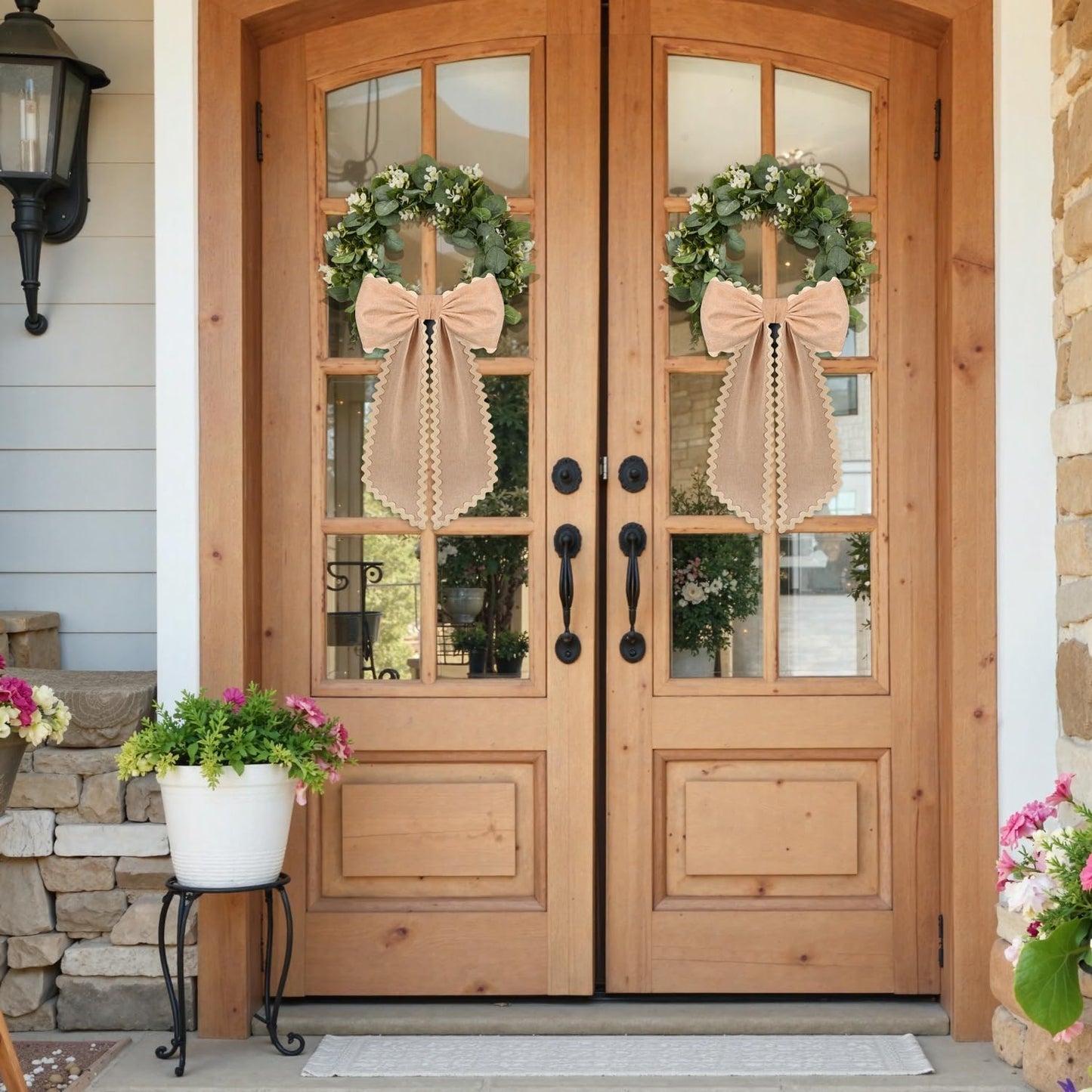 Skiennix Scalloped Wreath Sash - Ruffle Ribbon Bow for Front Door & Porch Decor | 2 Pcs Burlap Set