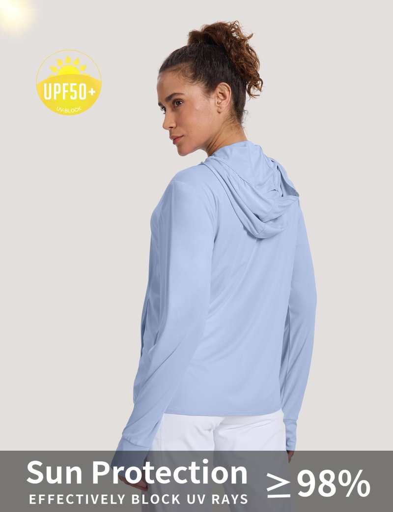 CHALLMOTI Women's Sun Protection Jacket Zip up Hoodie Lightweight Long Sleeve UV Cover Up Hiking Shirt UPF 50+ Light Blue XS