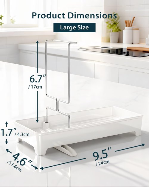 Caumic Plastic Sink Caddy, Rustproof Sponge Holder for Kitchen Sink with 304 Stainless-Steel Brush Holder, Countertop Rack Organizer with Raised Ridges & Silicone Drain Tube (Cream White, Large)