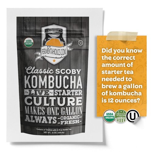 Fermentaholics ORGANIC Kombucha SCOBY With Twelve Ounces of Starter Tea - Live Starter Culture - Makes A One Gallon Batch - 1.5 Cups of Strong Mature Starter Tea - Brew Your Own Kombucha (1 Pack, 1, Count)
