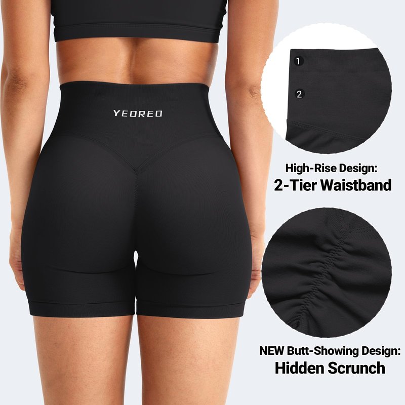 YEOREO Workout Shorts Womens Butt Lifting 4.5" Seamless Hidden Scrunch High Waist Gym Tummy Control Christiy Biker Shorts Black M