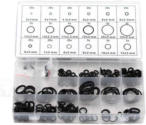 225pc Rubber O-Ring Assortment Set for Hydraulic, Plumbing & Air Sealing