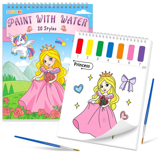 SOCOLER Paint with Water Coloring Books for Toddlers, Princess Theme Mess Free Watercolor Painting Papers for Kids Water Color Paint Kit Art Craft Birthday Gift for Ages 1-3, 4-8
