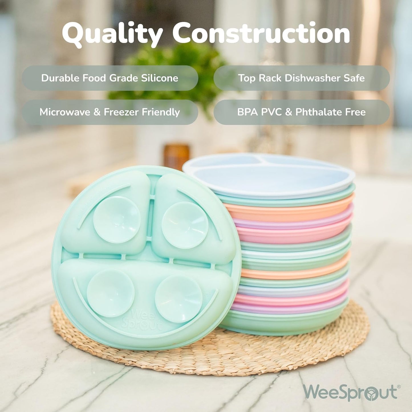 WeeSprout Suction Plates - 100% Silicone Dinnerware for Babies & Toddlers | Divided Design, 3 Pack