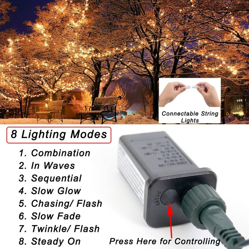 Warm White String Lights Outdoor Christmas Decoration, 66 ft 200 LED Christmas Lights Plug in, Indoor Connectable 8 Modes Clear Wire Twinkle Fairy String Lights for Xmas Tree Bedroom Holiday Party