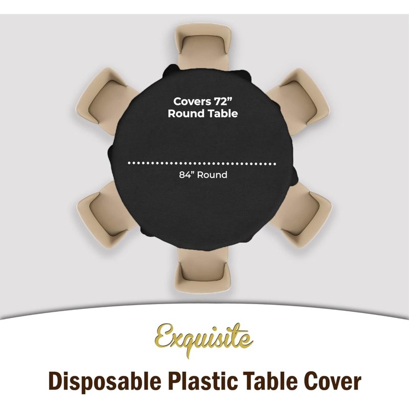 Exquisite 6-Pack Plastic Tablecloth 84 inch Round Value Pack Plastic Table Cover - Black