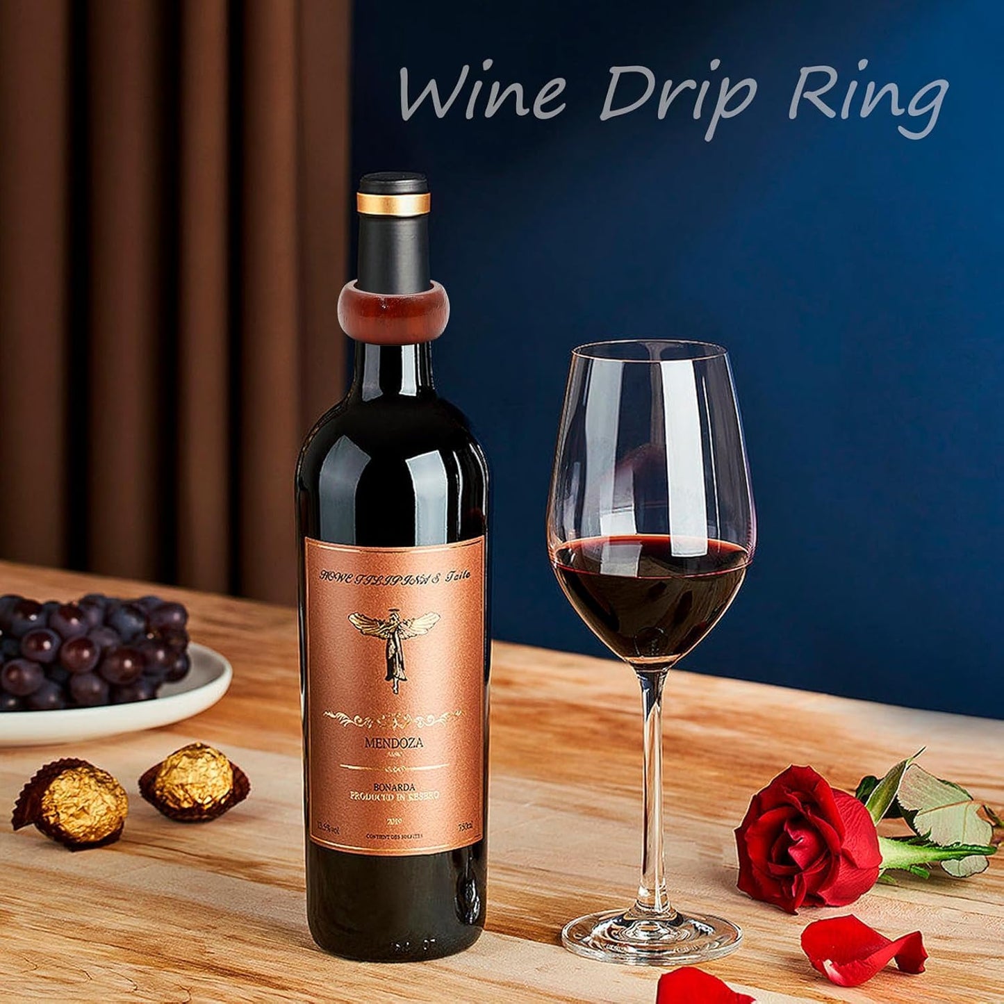 Saihisday Rosewood Wine Rings - Elegant Drip Catchers for Wine Bottles | Set of 4 Collars for Home & Bar