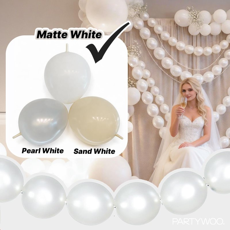 PartyWoo Pearl White Linking Balloons 100pcs 12 Inch White Link Balloon for Anniversary Retirement Wedding Graduation Baby Shower Birthday Gender Reveal Engagement Party Decorations White-W14