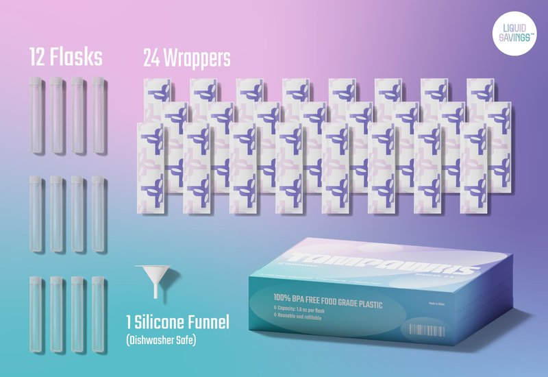 Tampon Flask Set (12 Pack), Reusable Travel Liquid Containers, Discreet Mini Bottles with Wrappers, Leak Resistant Refillable Flasks for Trips, Events & Storage