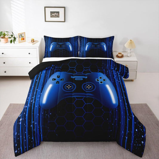 Erosebridal Kids Gamer Full Comforter Set for Boys Bedroom Neon Lights Dark Blue Gaming Bedding Set for Kids Teens Game Console Quilt Striped Honeycomb Hexagon Comforter Geometric Duvet Insert
