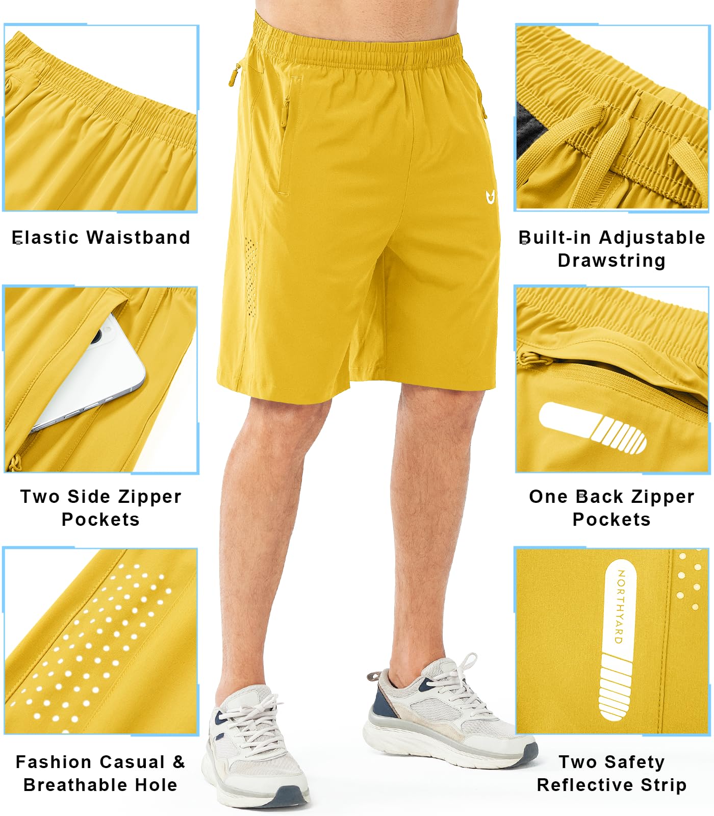 NORTHYARD Men's Athletic Running Shorts Gym Workout 7"/9"/5" Quick Dry Lightweight Sports Basketball Tennis 3 Zipper Pockets YELLOW-9inch L