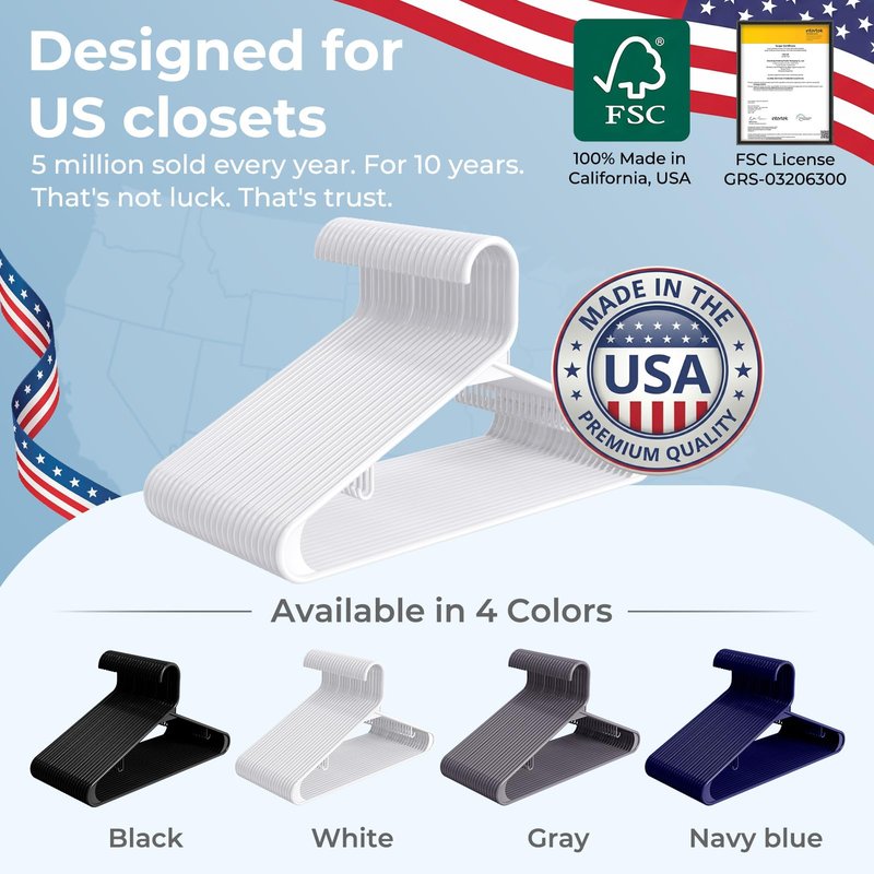 HOUSE DAY White Plastic Hangers 50 Pack, Plastic Clothes Hangers with Built-in Hooks, Durable and Strong Plastic Coat Hangers for Closet, Space Saving Clothing Hanger for Shirts, Coats, Skirt, Dress