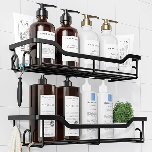 Kitsure Shower Caddy - Large Adhesive Organizer | Stainless Steel Shelf for No-Drill Bathroom Storage, 2 Pack, Black