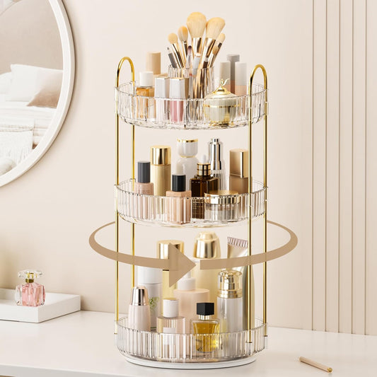 Skiennix 360° Rotating Makeup Organizer - Upgraded 3 Tier Skincare & Perfume Storage | Clear Cosmetic Dresser with Brush Holder