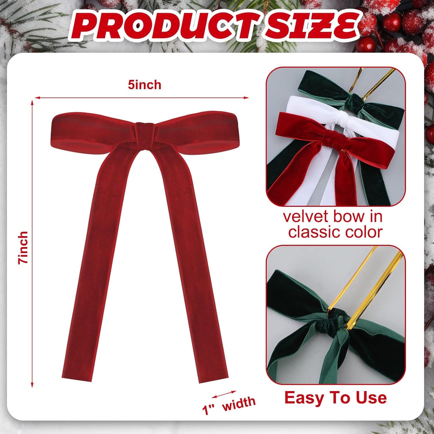 Skiennix 24 Pcs Velvet Bows - Vintage Ribbon Bows for Christmas Tree & Crafts | Red, Green, White (5 x 7 Inch)