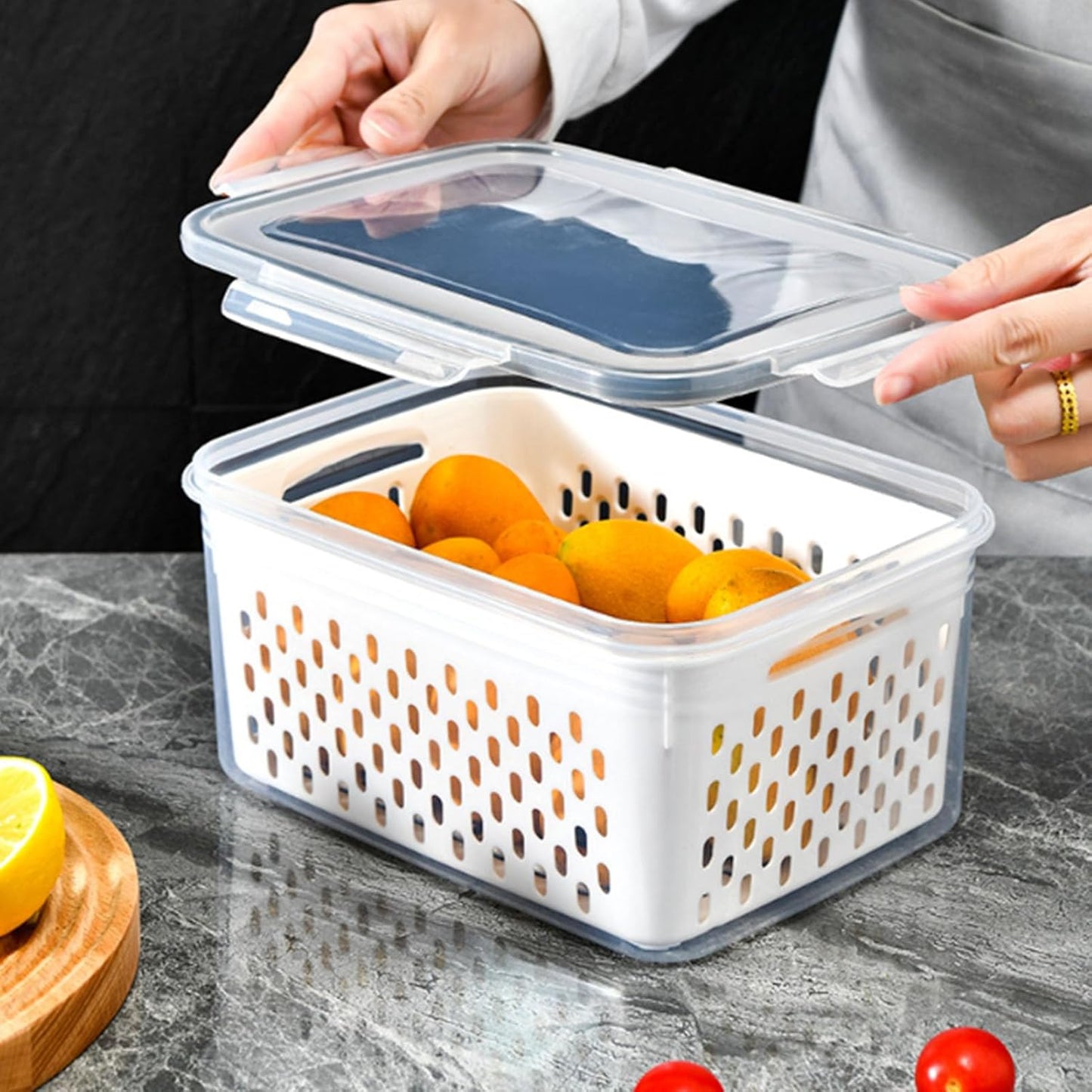 Skiennix Food Storage Containers - 4-in-1 Multipurpose with Removable Colander | Transparent Plastic (Gray, M+L)