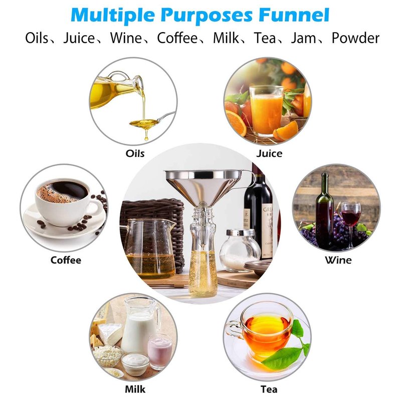 KALAVE Premium Stainless Steel Funnel, 5 Inch Food Grade Kitchen Funnels with 200 Mesh Food Filter Strainer for Filling Bottles, Oils, Juice, Wine, Coffee, Milk
