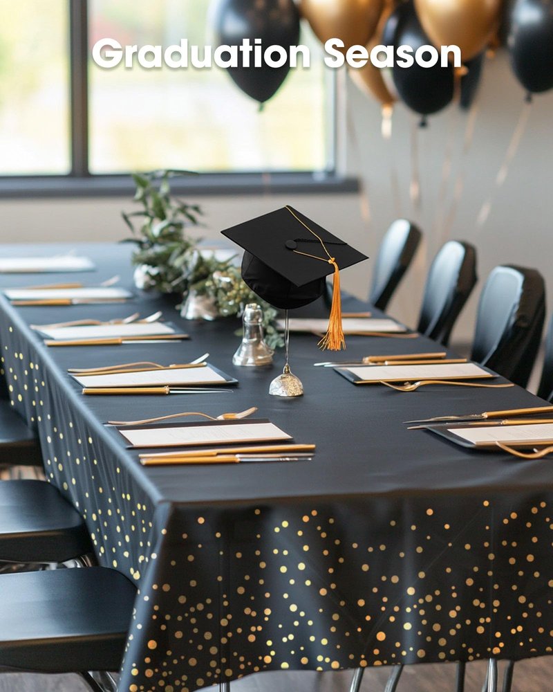 Pureegg Plastic Table Cloth Disposable 10 Pack, 54 x 108 Inch Table Cloths, Graduation Decorations Class of 2025, Graduation Tablecloths, Rectangle, Plastic Cover, Leakproof & Sturdy, Black and Gold