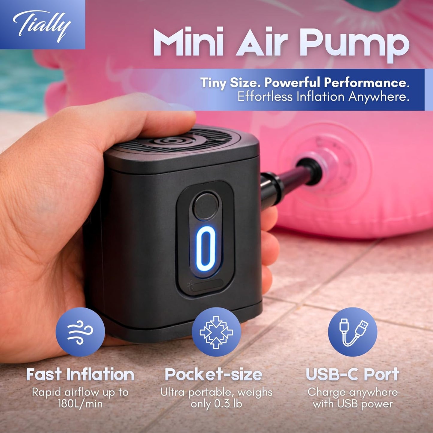 TIALLY Portable Air Pump - Fast Mini Electric Inflator with Rechargeable Battery for Pool Floats, Air Mattresses & Toys