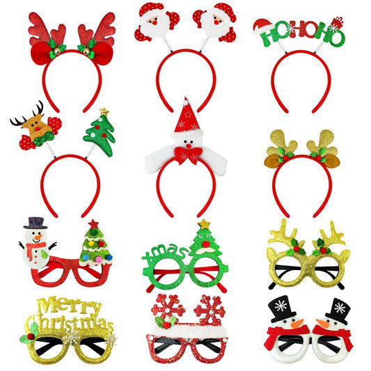 Christmas Glasses & Headband 12 Pack, Xmas Glitter Eyeglasses Frame & Headwear Accessories - One Size Fits All, Holiday Party Favor Supplies Classroom Game Prizes Gifts Photo Booth Props Outfit