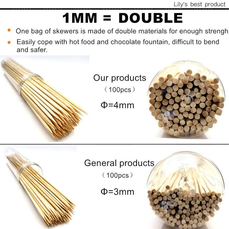10" Natural Bamboo Skewers for BBQ，Appetiser，Fruit，Cocktail，Kabob，Chocolate Fountain，Grilling，Barbecue，Kitchen，Crafting and Party. Φ=4mm, More Size Choices 6"/8"/12"/14"/16"/17.5"/30"/36"(1000 PCS)