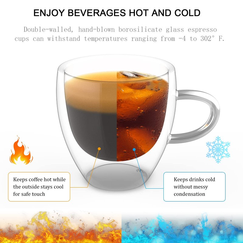 ONEDONE Espresso Cups Set of 4-2.8 OZ Double Walled Glass Hand Blown Espresso Shots Glass Thermo Insulated Expresso Coffee Mugs with Handle Small Demitasse Cups for Espresso Machine