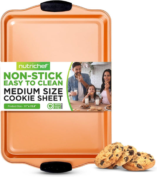 Nutrichef 15” Nonstick Cookie Sheet - Premium Carbon Steel Baking Pan with Silicone Handles | Dishwasher Safe, Copper