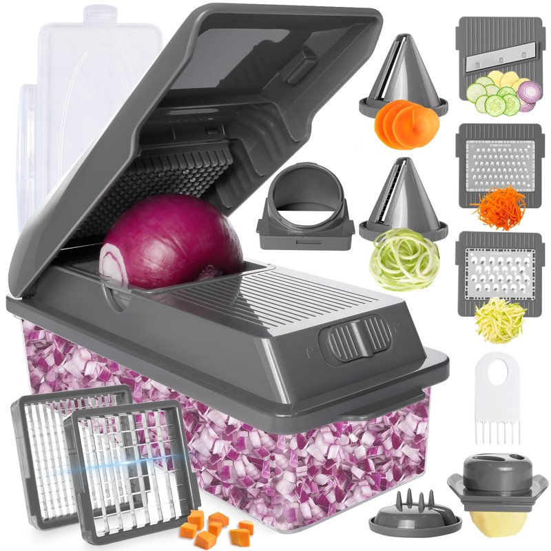 LHS Professional Multifunctional Vegetable Chopper Pro Food Chopper with Food Storage Containers, Mandoline Slicer Onion Dicer Fruit Cutter, Kitchen Gadgets and Home Essentials(11 in 1, Grey)