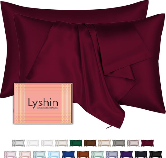 Skiennix Mulberry Silk Pillowcases - 2 Pack Queen Size with Hidden Zipper | Smooth, Breathable, Cooling - Burgundy Red